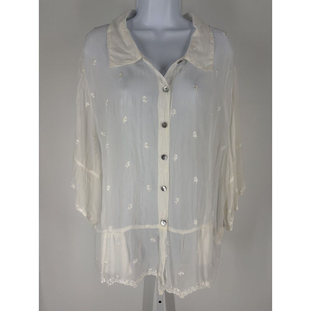 Johnny Was Embroidered Sheer Button-Down Peplum Blouse / Tunic